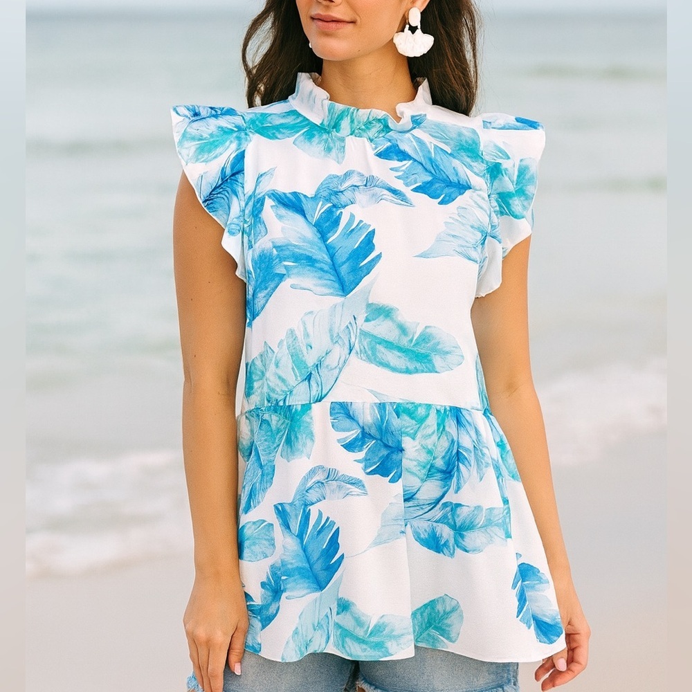 Anthropologie Entro blue tropical leaf ruffle-sleeve peplum high neck blouse